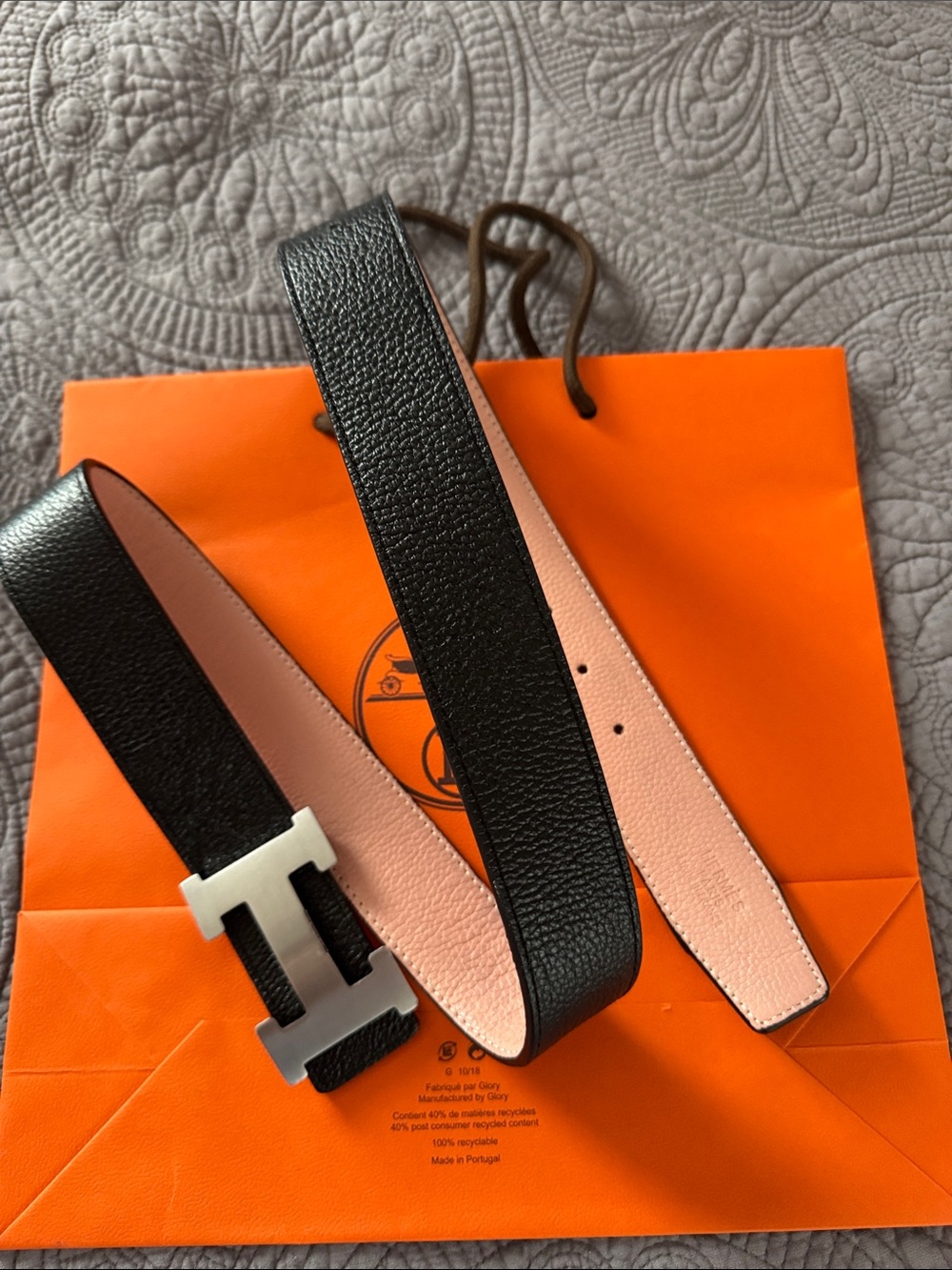 Hermes Reversible Men’s Belt in Black and Pink with Silver H Buckle